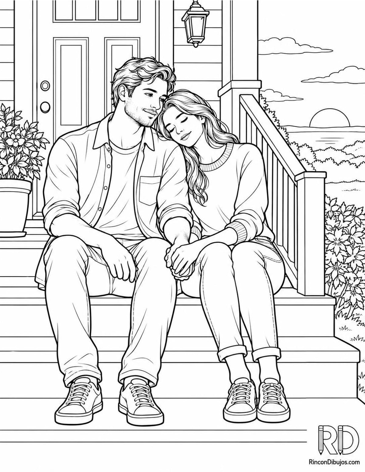 Dibujo de enamorados en escalones para colorear Dibujo de enamorados en escalones para colorear