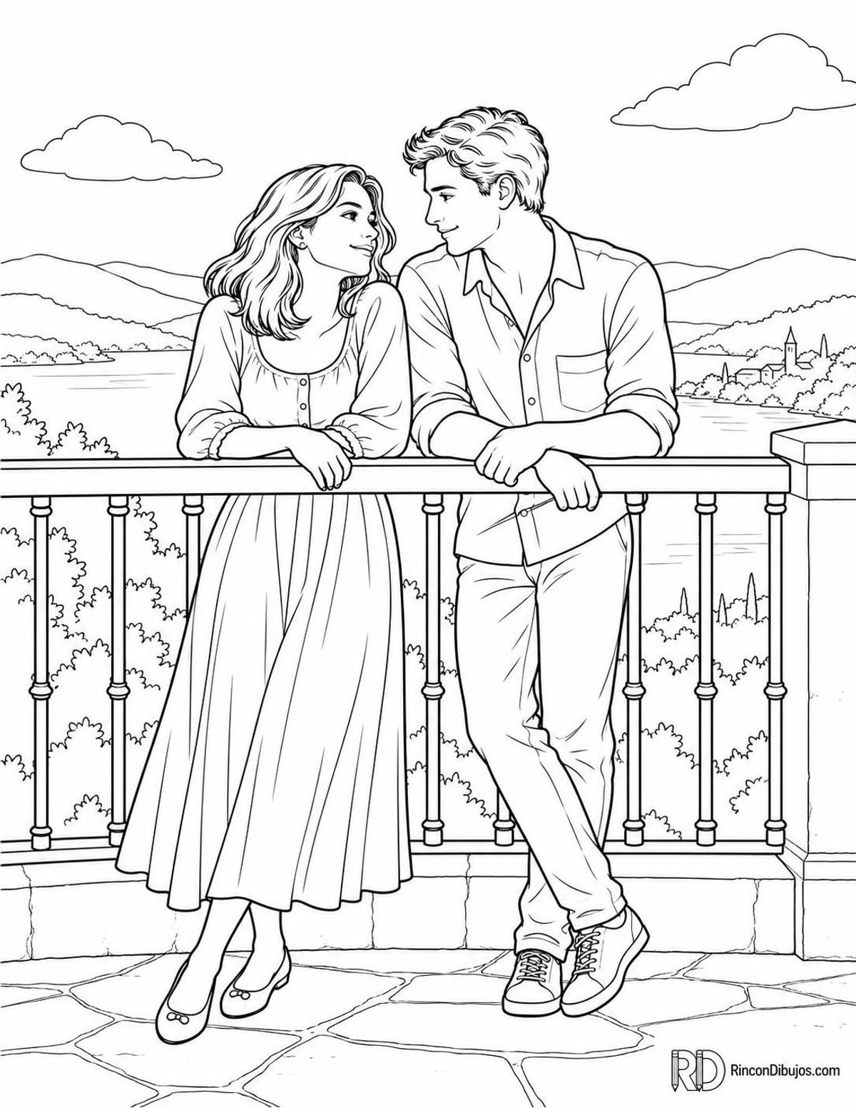 Dibujo de enamorados en mirador para colorear Dibujo de enamorados en mirador para colorear