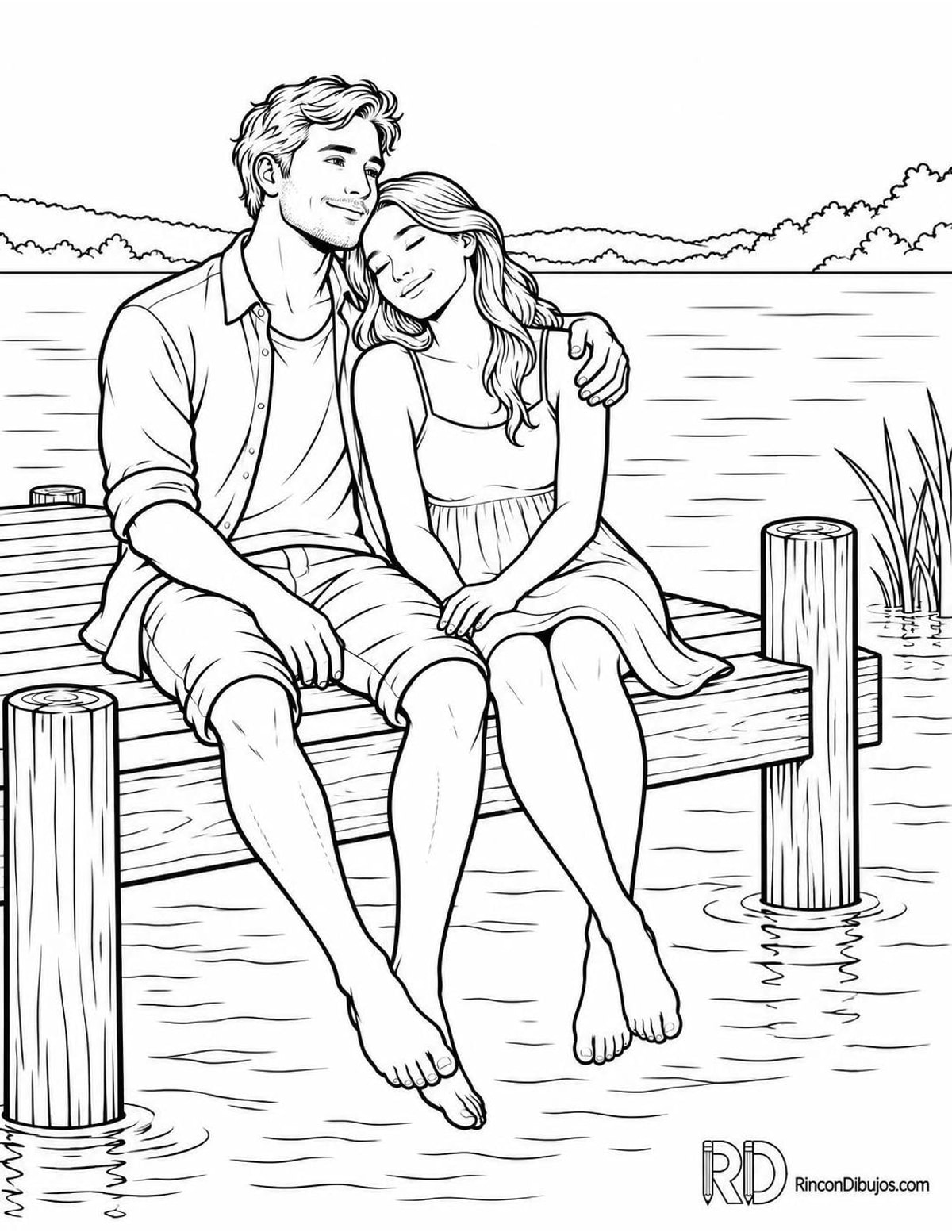 Dibujo de enamorados en muelle para colorear Dibujo de enamorados en muelle para colorear