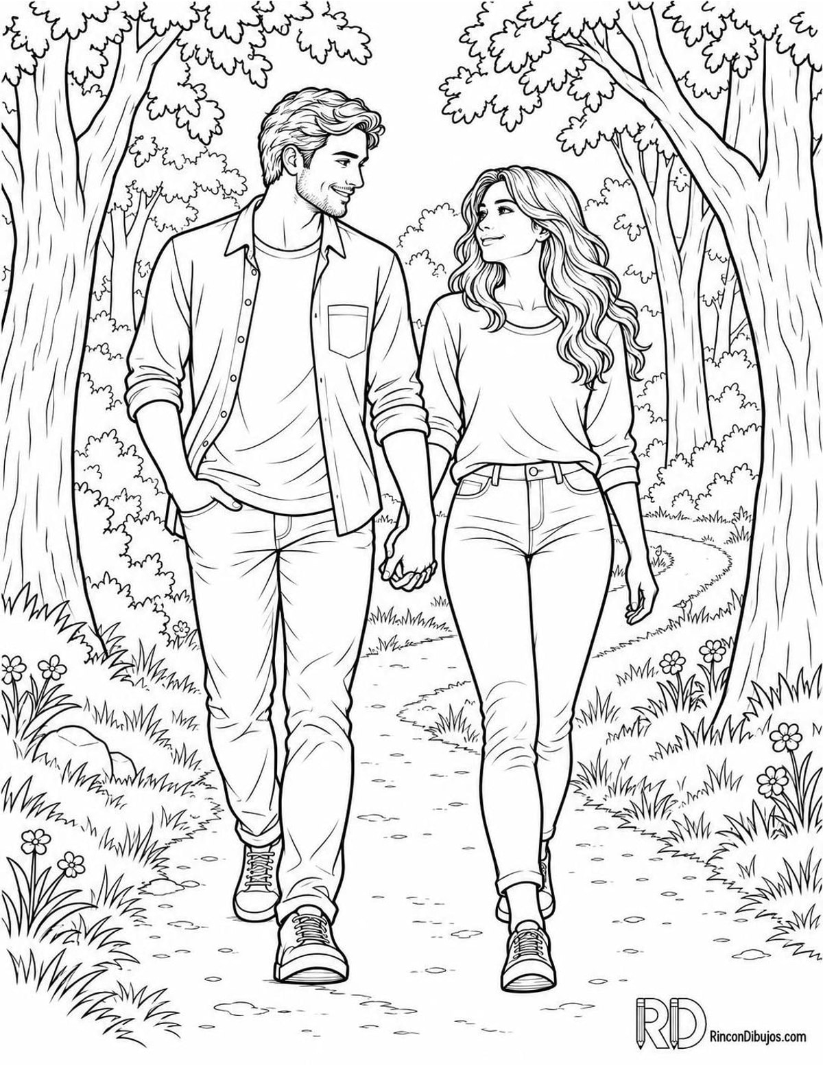 Dibujo de enamorados en sendero para colorear Dibujo de enamorados en sendero para colorear