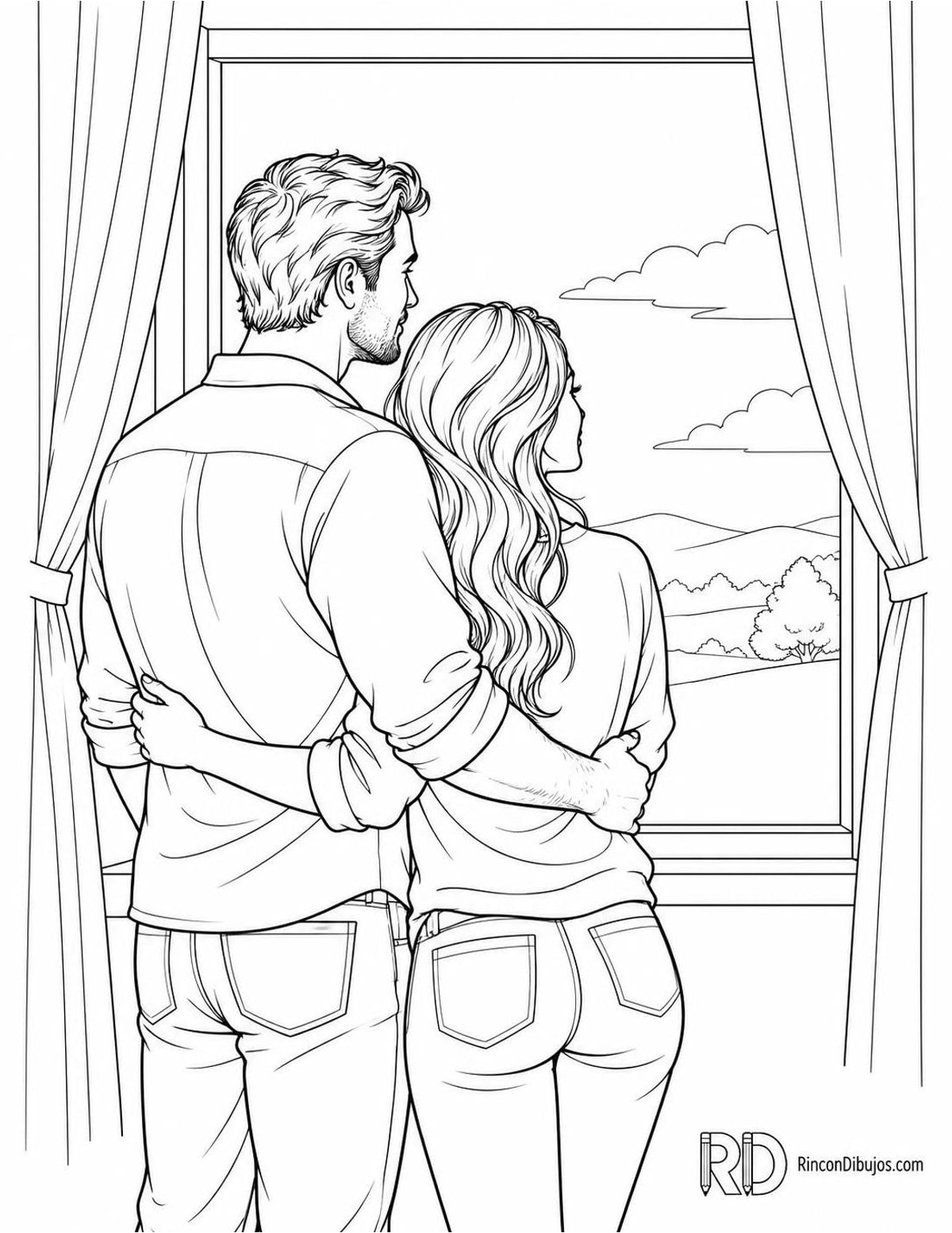 Dibujo de enamorados junto a ventana para colorear Dibujo de enamorados junto a ventana para colorear