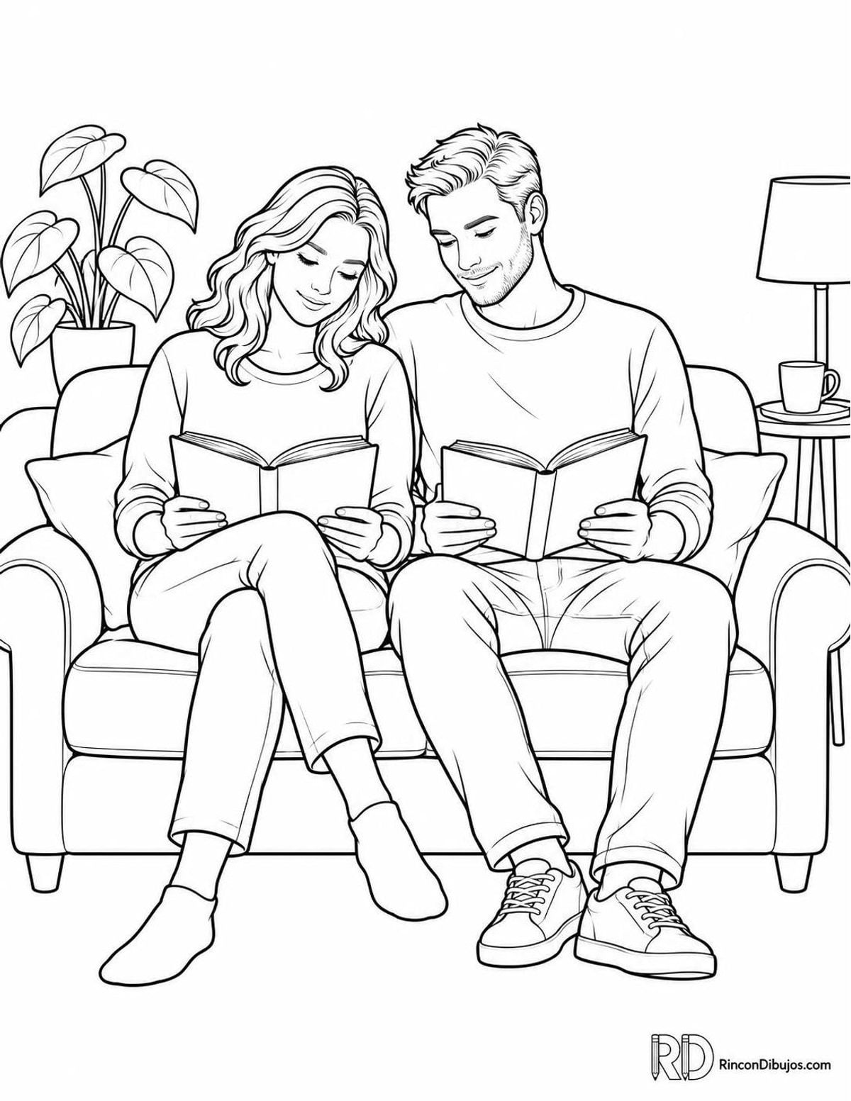 Dibujo de enamorados leyendo para colorear Dibujo de enamorados leyendo para colorear