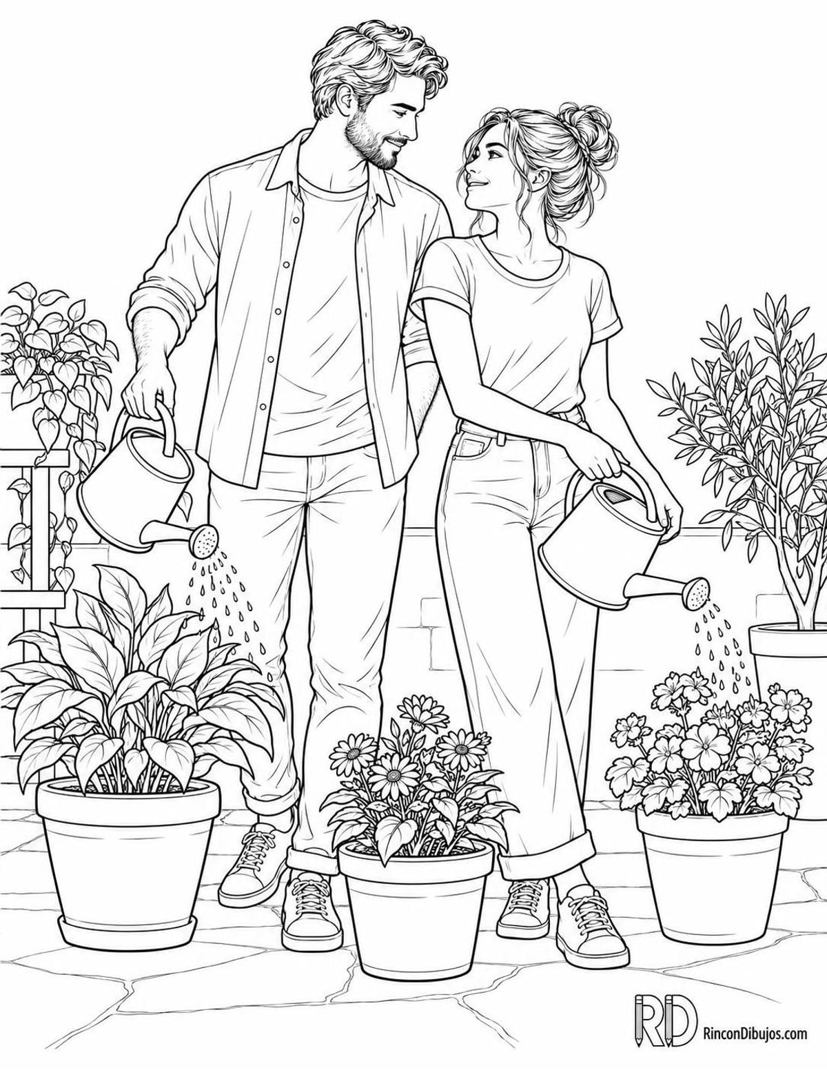 Dibujo de enamorados regando plantas para colorear Dibujo de enamorados regando plantas para colorear