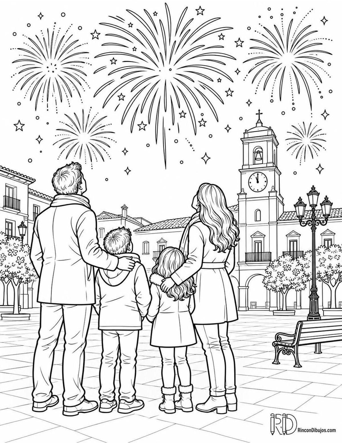 Dibujo de familia con fuegos artificiales para colorear Dibujo de familia con fuegos artificiales para colorear