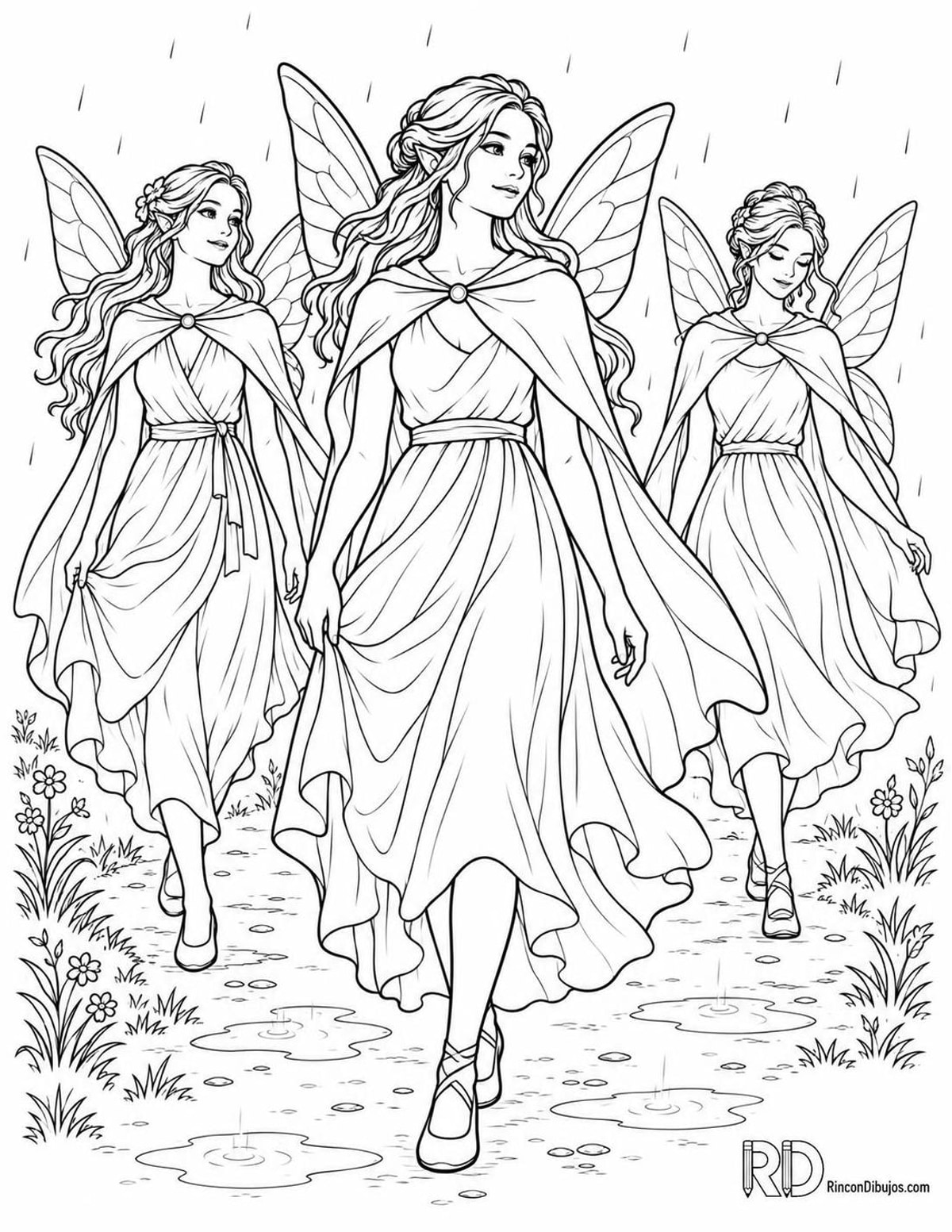 Dibujo de Hadas bajo la lluvia para colorear Dibujo de Hadas bajo la lluvia para colorear
