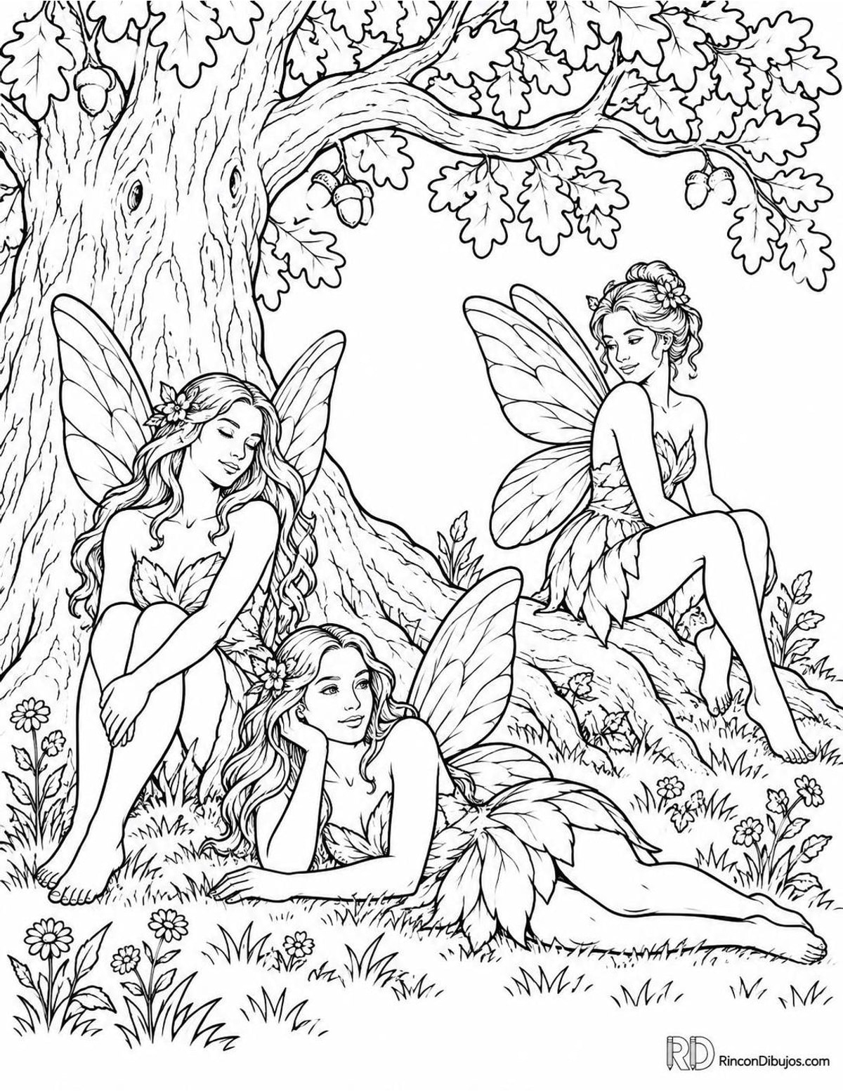 Dibujo de Hadas bajo un roble para colorear Dibujo de Hadas bajo un roble para colorear