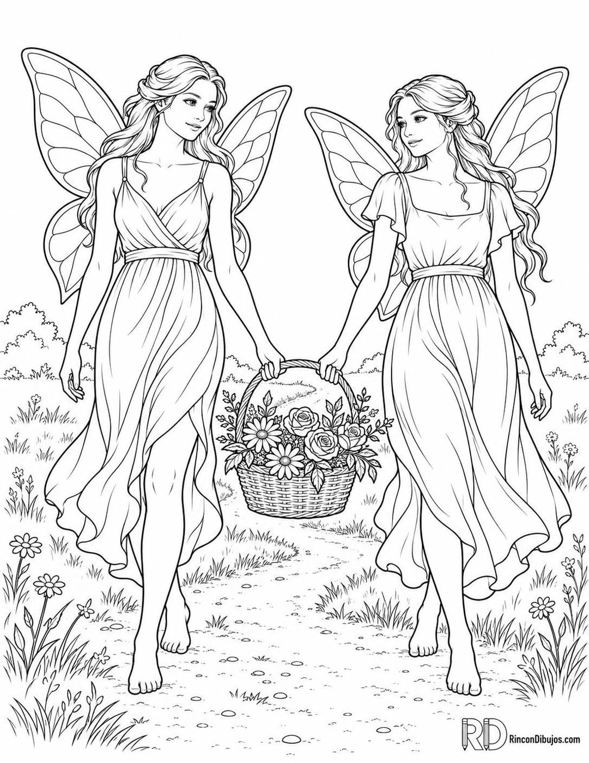 Dibujo de Hadas con cesta de flores para colorear Dibujo de Hadas con cesta de flores para colorear