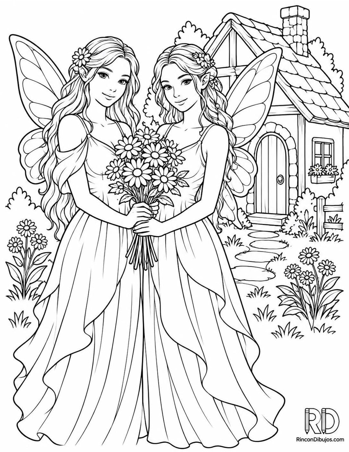 Dibujo de Hadas con margaritas para colorear Dibujo de Hadas con margaritas para colorear