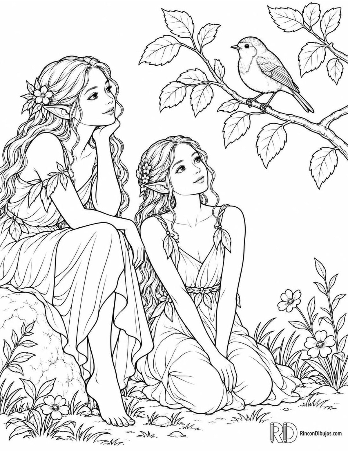 Dibujo de Hadas con petirrojo para colorear Dibujo de Hadas con petirrojo para colorear
