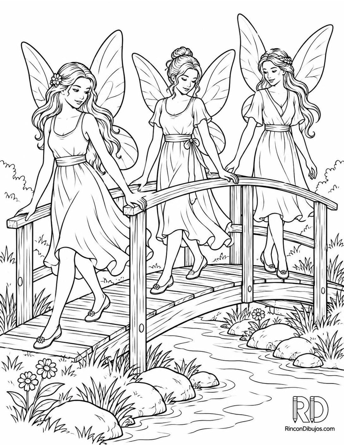 Dibujo de Hadas cruzando un puente para colorear Dibujo de Hadas cruzando un puente para colorear