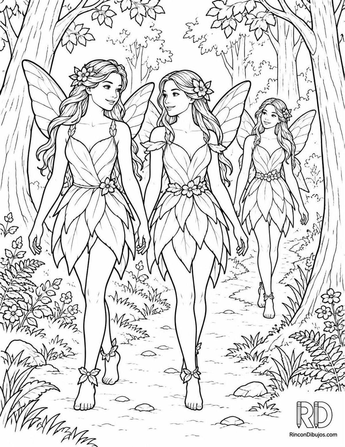 Dibujo de Hadas en el bosque para colorear Dibujo de Hadas en el bosque para colorear