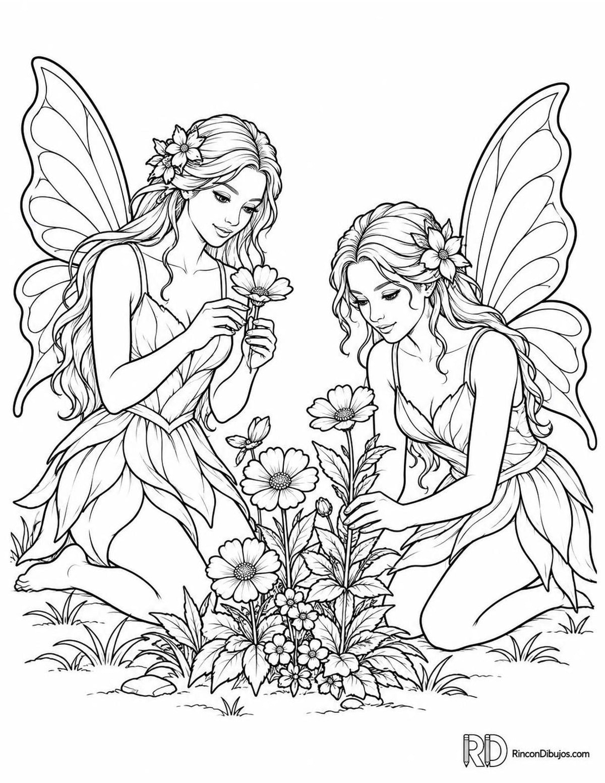Dibujo de Hadas entre flores para colorear Dibujo de Hadas entre flores para colorear