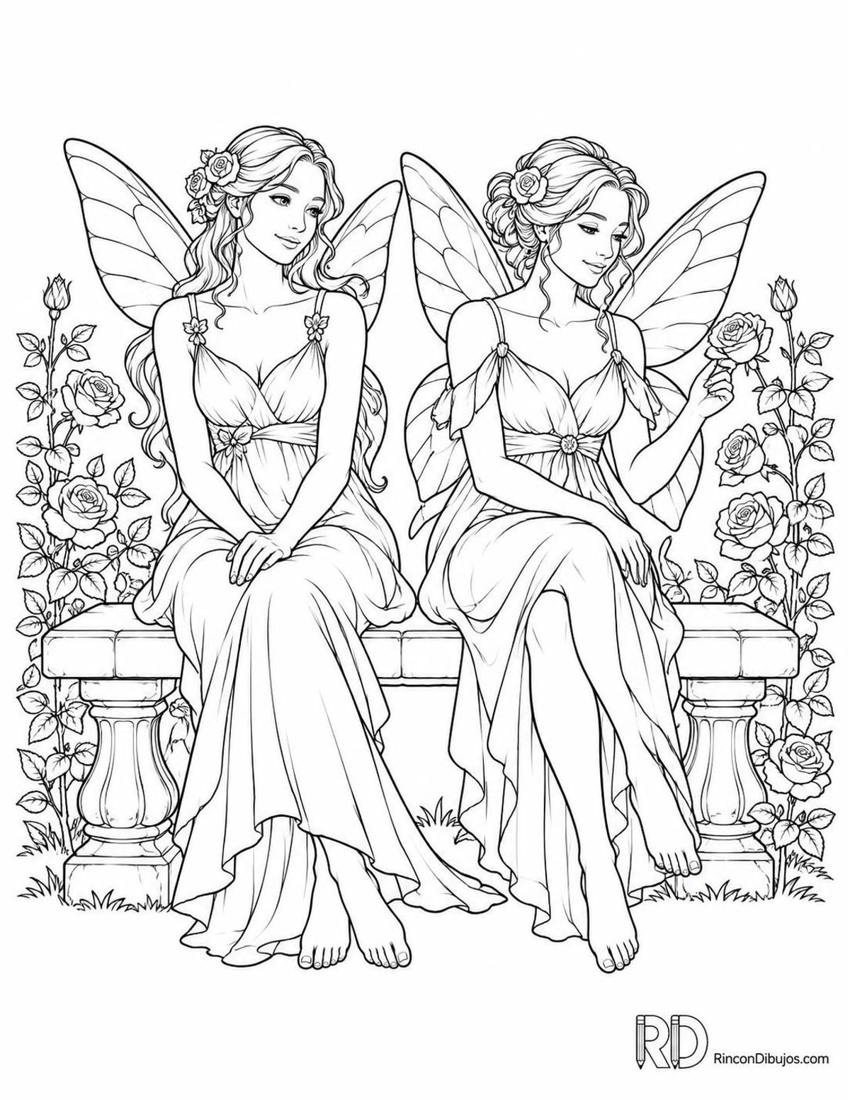 Dibujo de Hadas entre rosales para colorear Dibujo de Hadas entre rosales para colorear