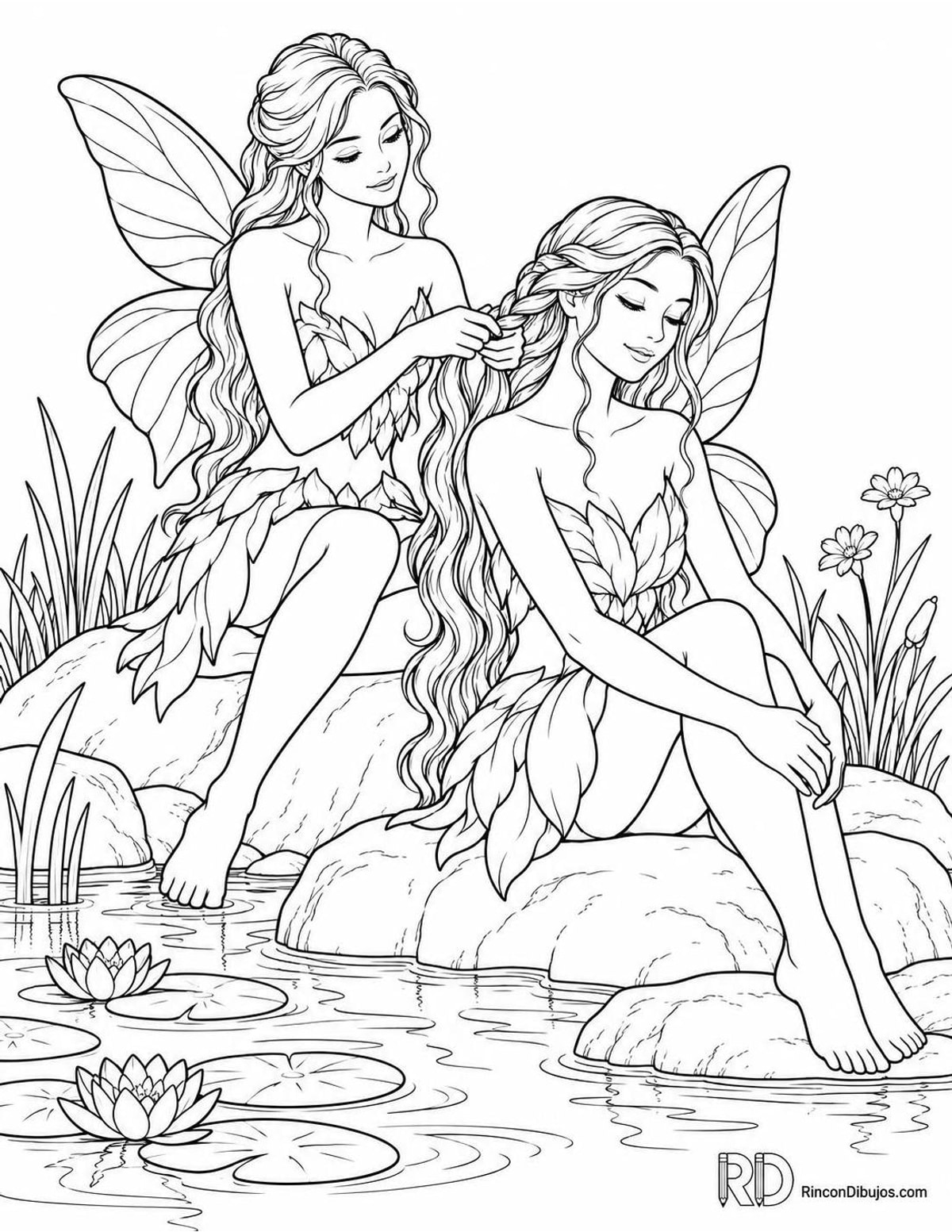 Dibujo de Hadas junto al estanque para colorear Dibujo de Hadas junto al estanque para colorear