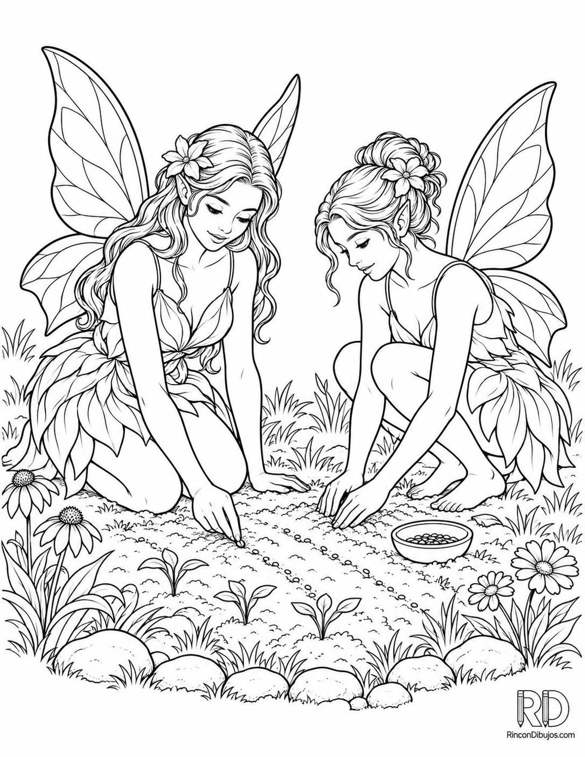Dibujo de Hadas plantando semillas para colorear Dibujo de Hadas plantando semillas para colorear