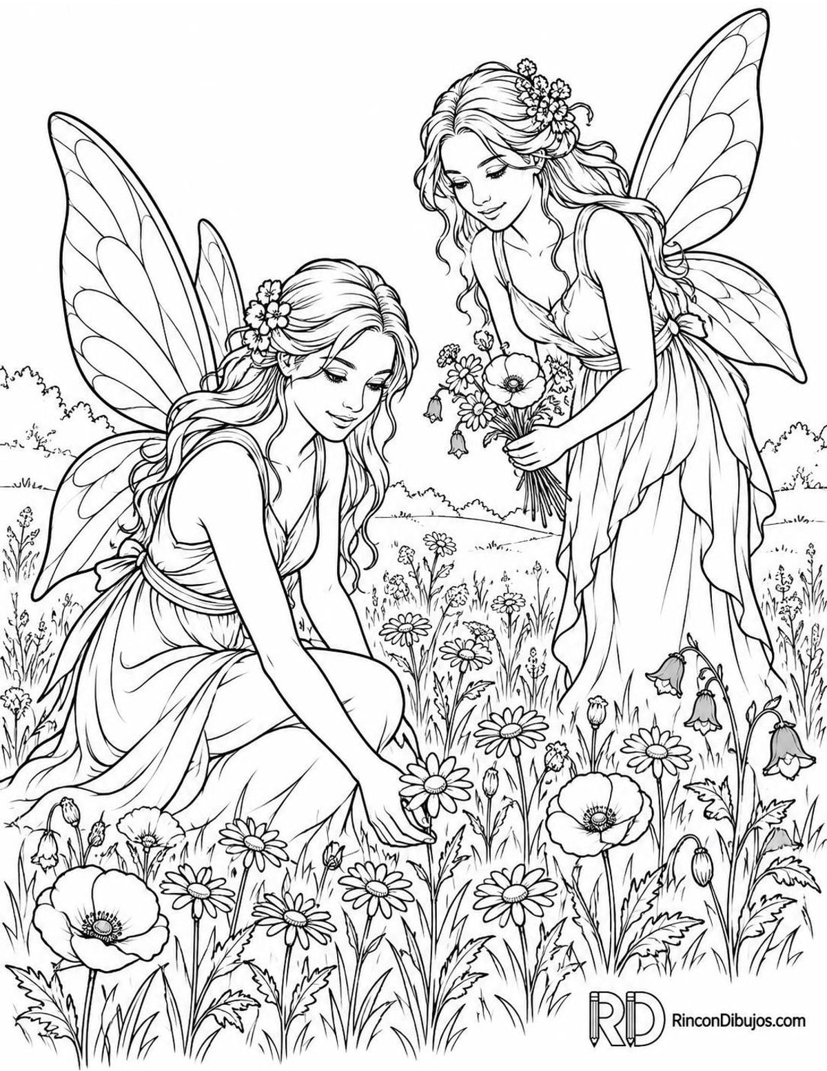 Dibujo de Hadas recogiendo flores para colorear Dibujo de Hadas recogiendo flores para colorear