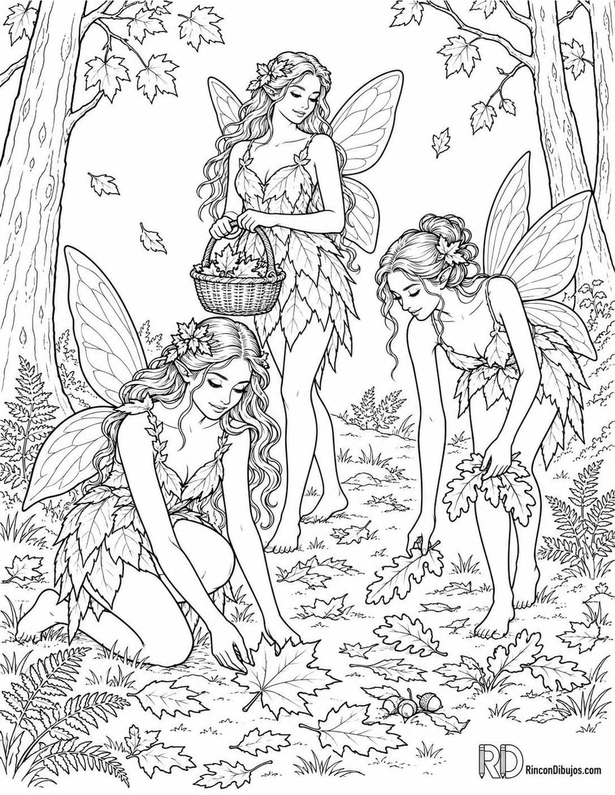 Dibujo de Hadas recogiendo hojas para colorear Dibujo de Hadas recogiendo hojas para colorear