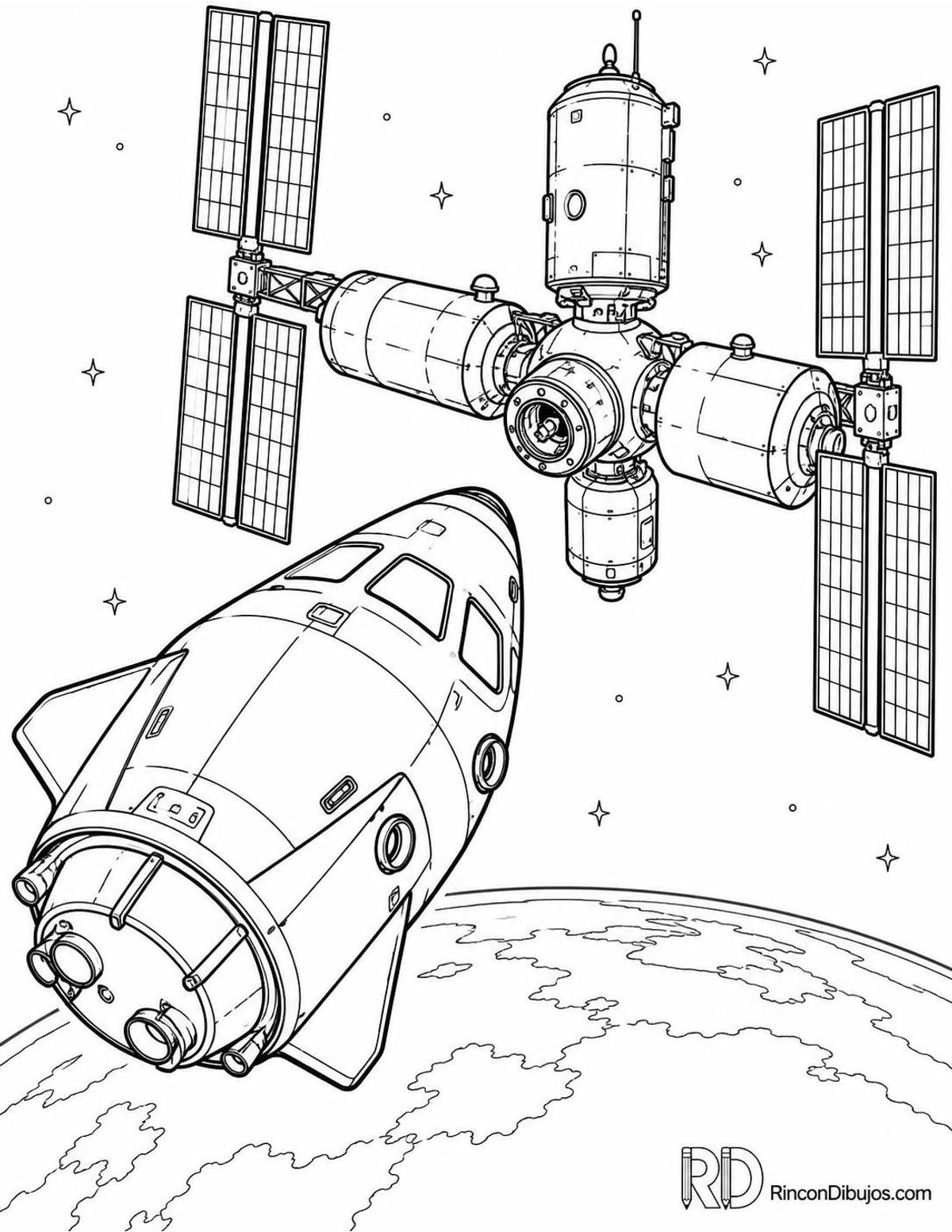 Dibujo de nave espacial acercándose a estación para colorear Dibujo de nave espacial acercándose a estación para colorear