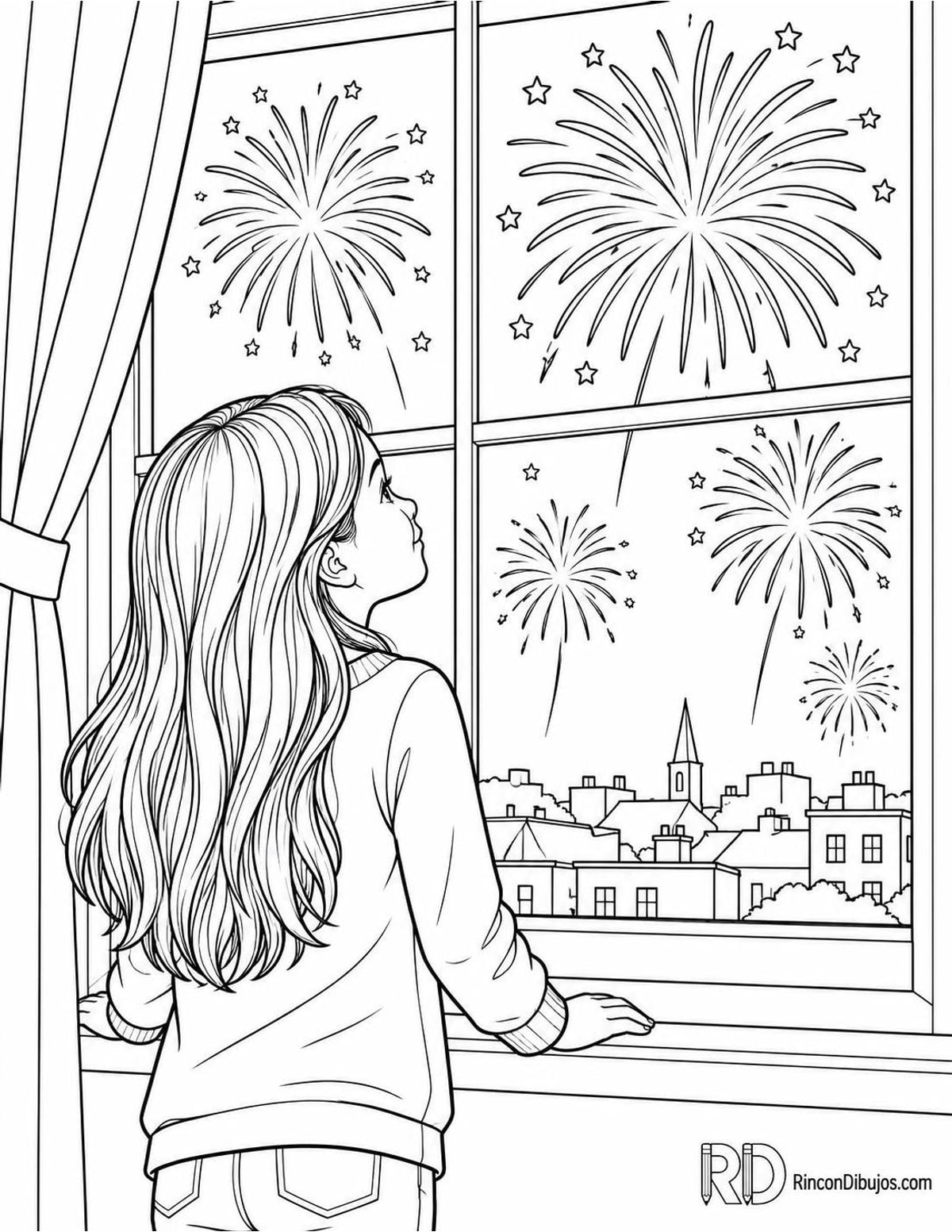 Dibujo de niña con fuegos artificiales para colorear Dibujo de niña con fuegos artificiales para colorear