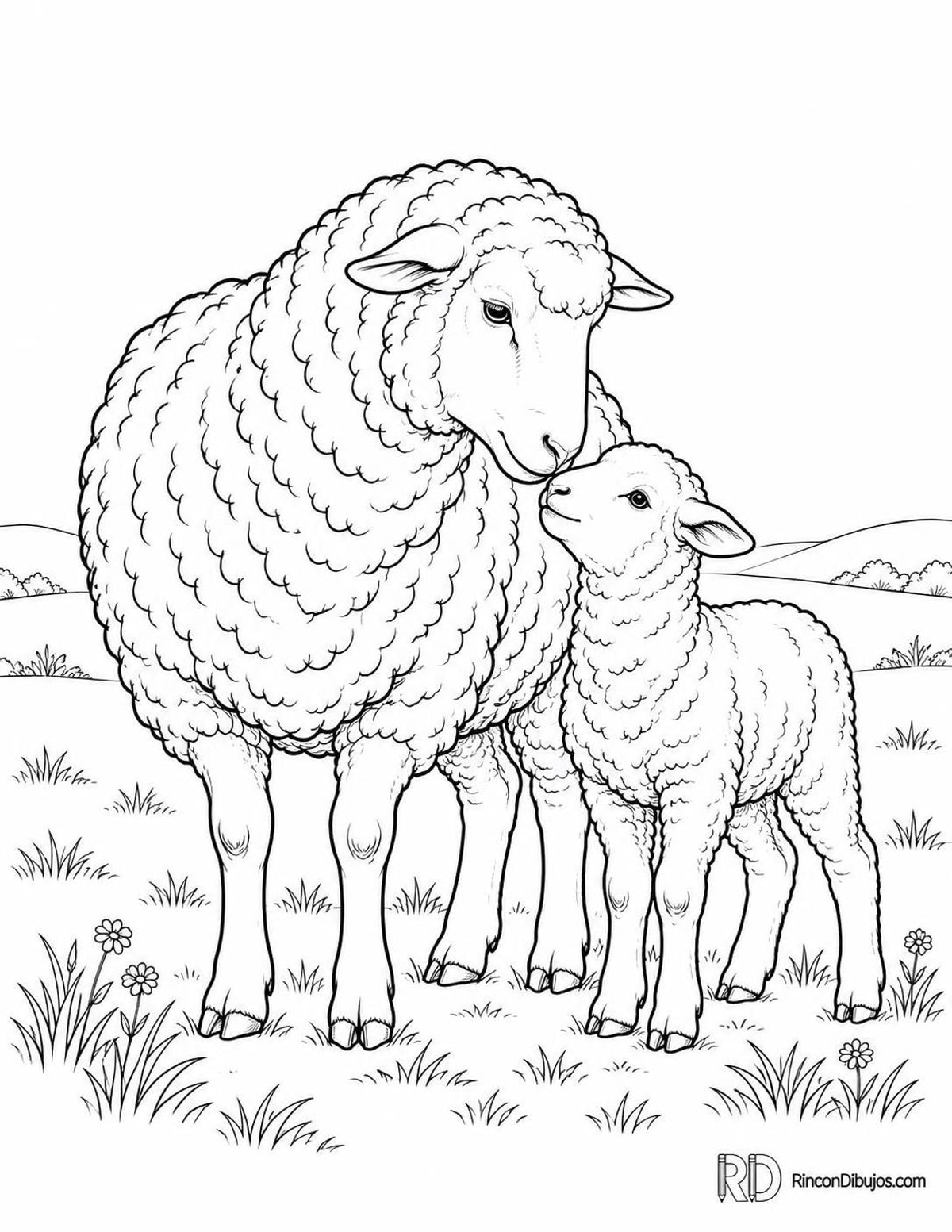 Dibujo de oveja merina y cordero para colorear Dibujo de oveja merina y cordero para colorear