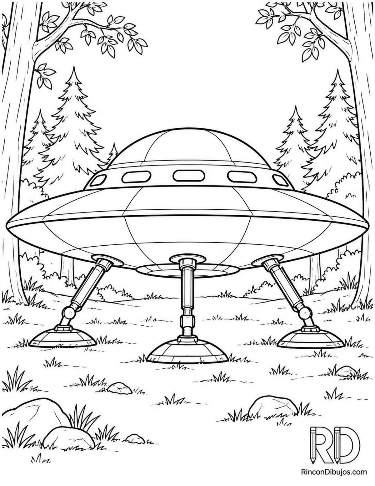 Dibujo de ovni aterrizado en bosque para colorear Dibujo de ovni aterrizado en bosque para colorear