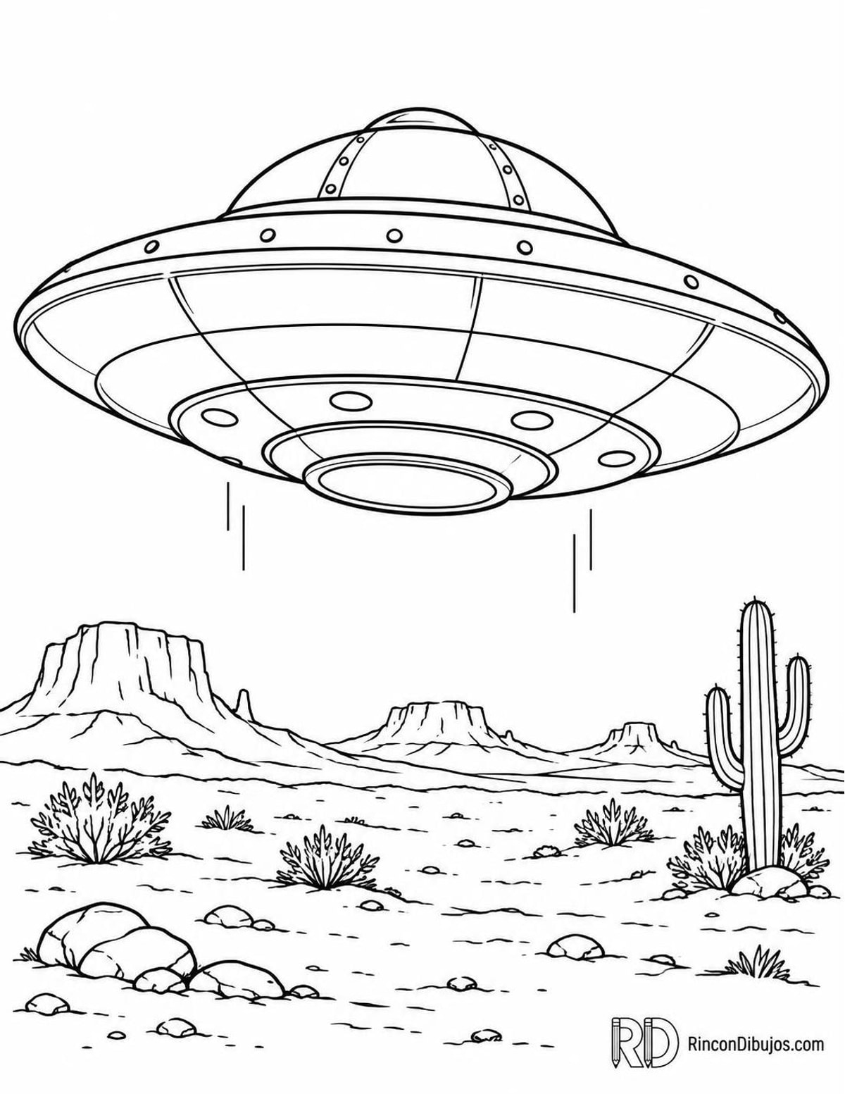 Dibujo de ovni descendiendo en desierto para colorear Dibujo de ovni descendiendo en desierto para colorear