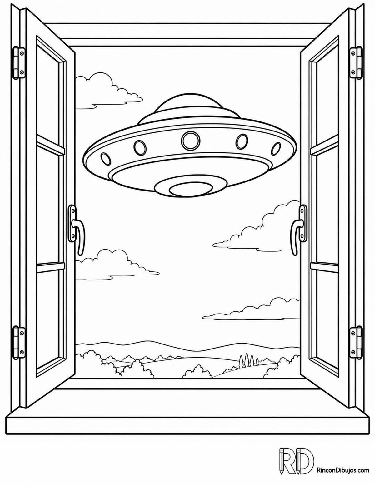 Dibujo de ovni desde ventana para colorear Dibujo de ovni desde ventana para colorear