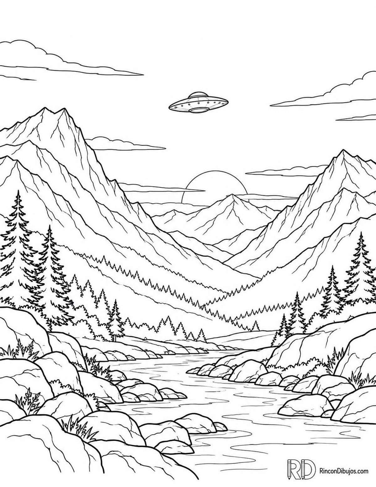 Dibujo de ovni entre montañas para colorear Dibujo de ovni entre montañas para colorear