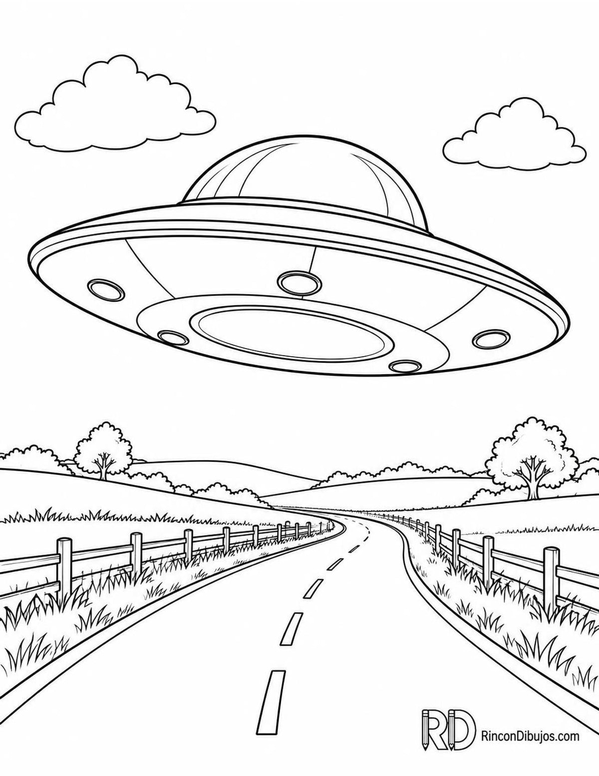 Dibujo de ovni sobre carretera para colorear Dibujo de ovni sobre carretera para colorear