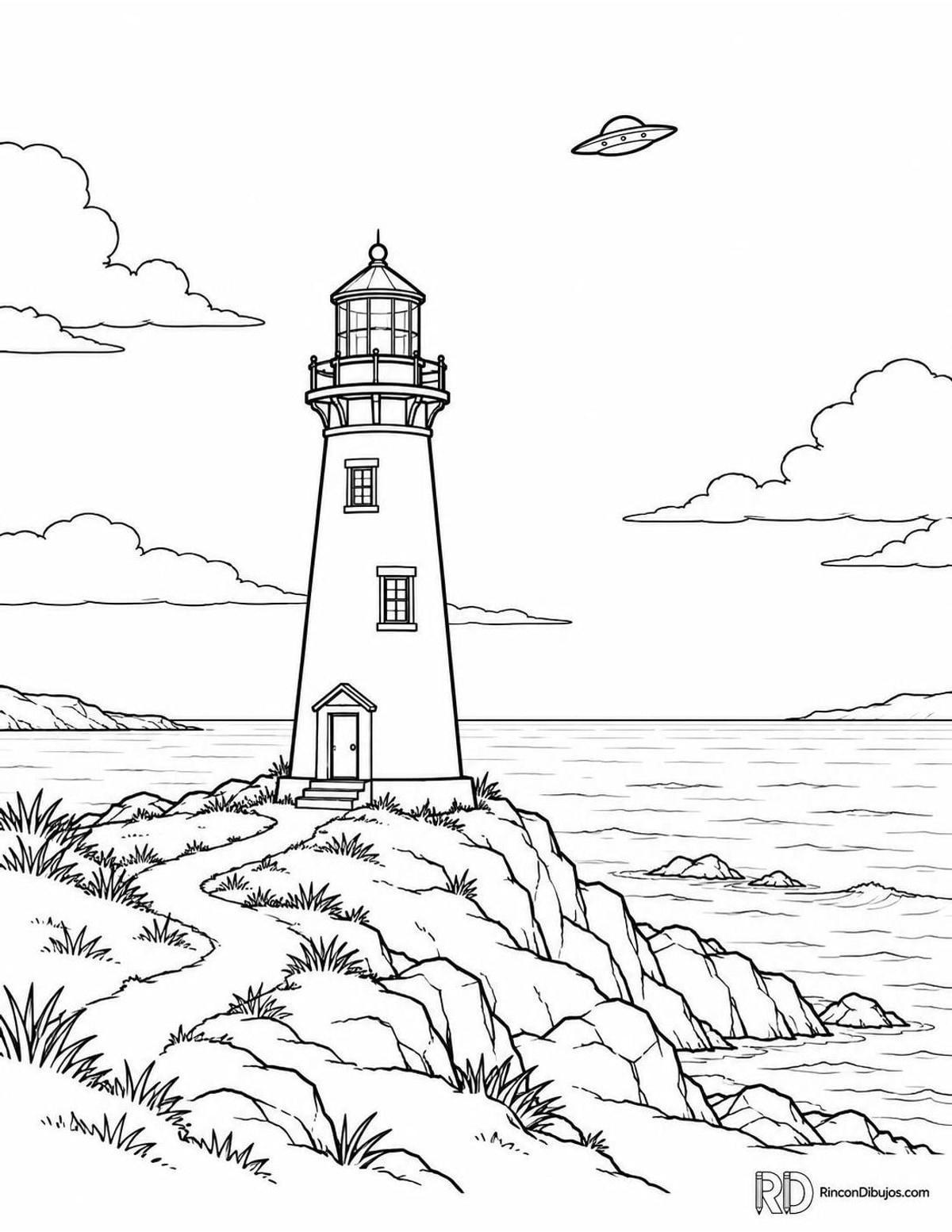 Dibujo de ovni sobre faro para colorear Dibujo de ovni sobre faro para colorear