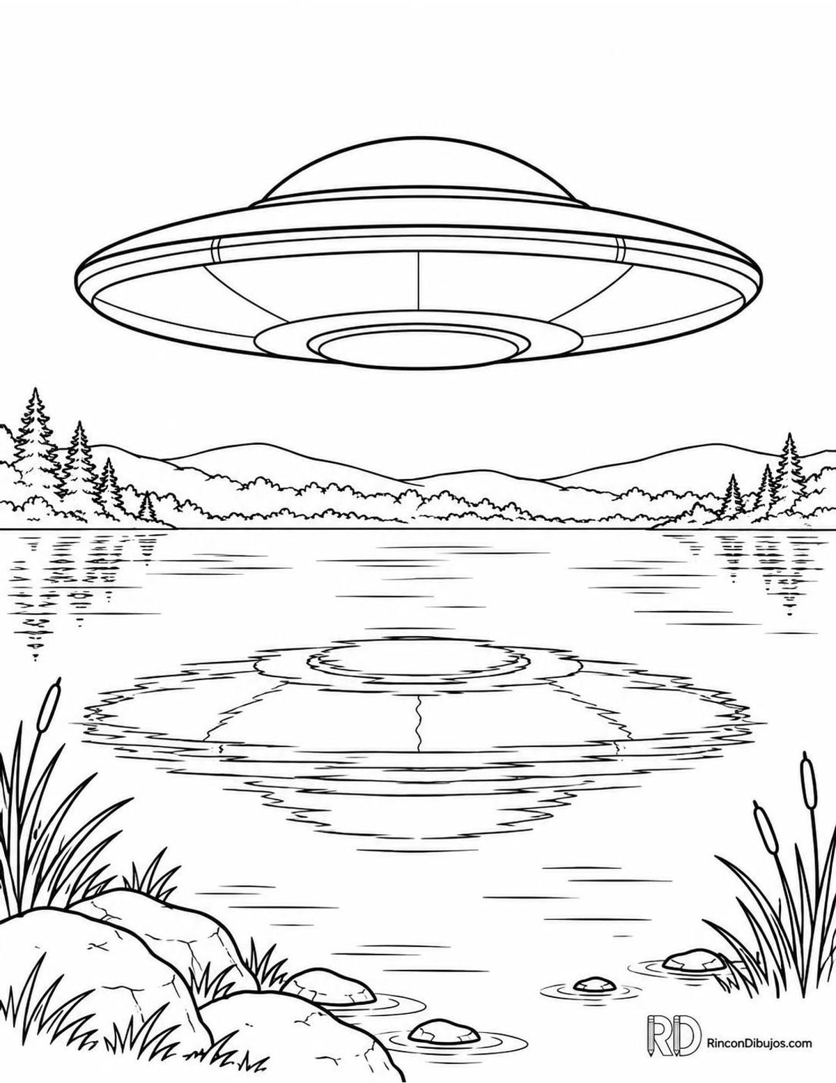 Dibujo de ovni sobre lago para colorear Dibujo de ovni sobre lago para colorear