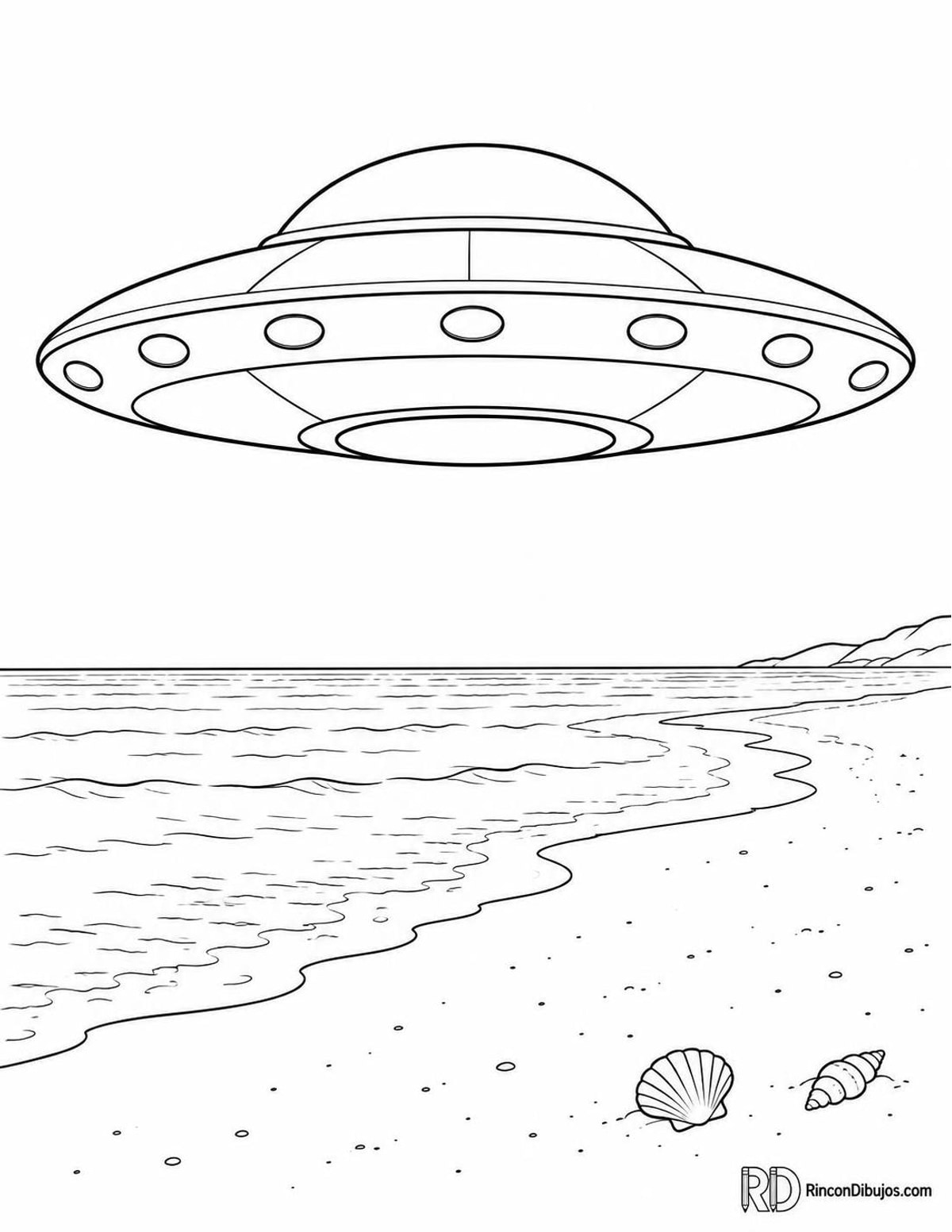 Dibujo de ovni sobre playa para colorear Dibujo de ovni sobre playa para colorear