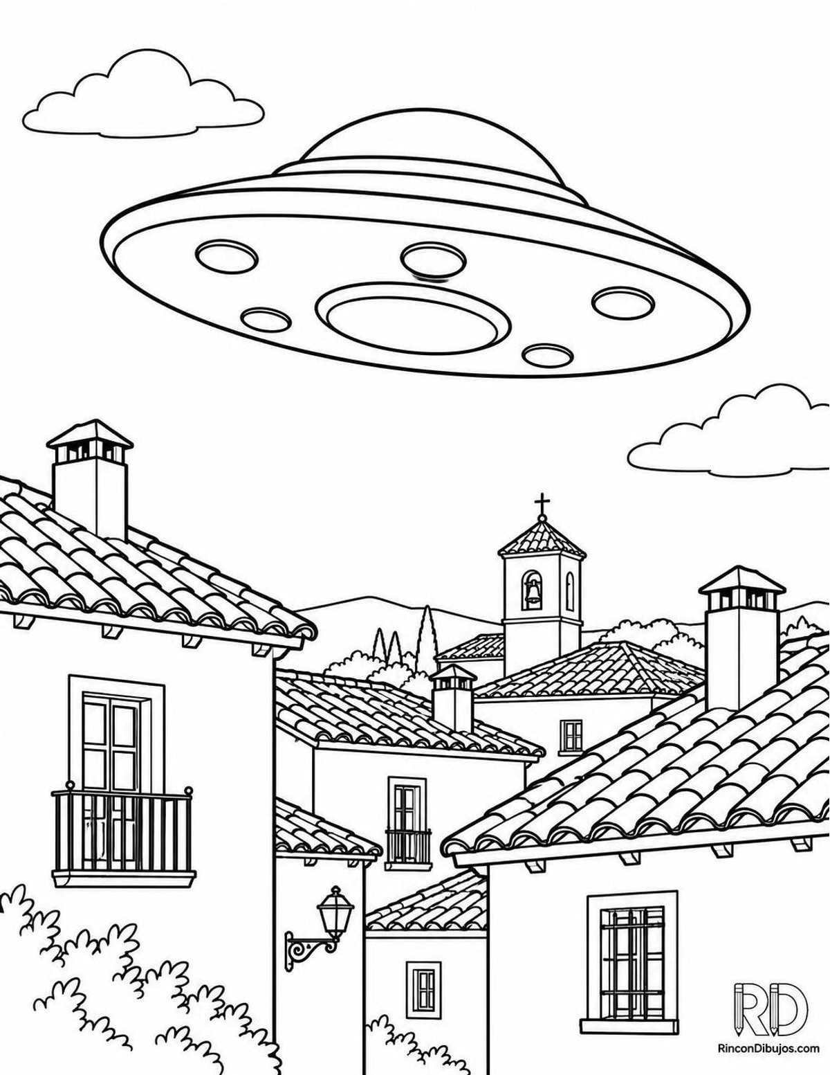 Dibujo de ovni sobre pueblo para colorear Dibujo de ovni sobre pueblo para colorear