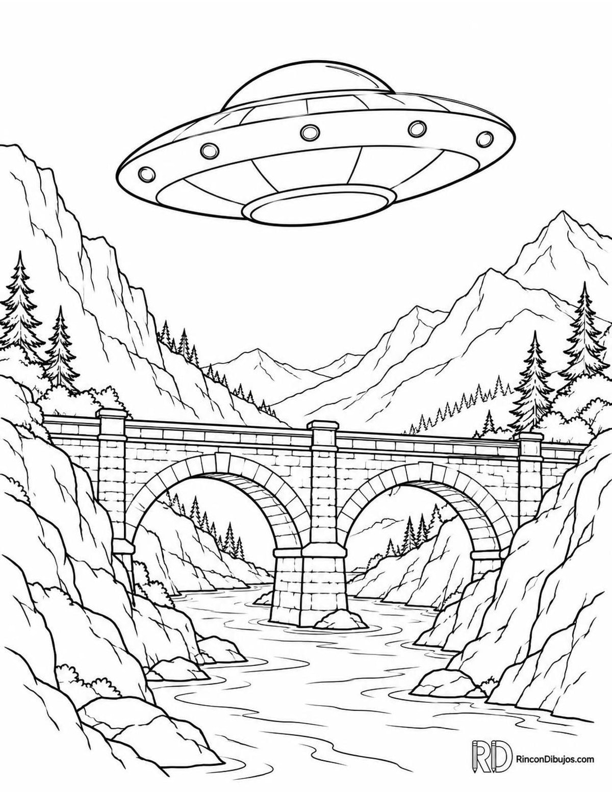Dibujo de ovni sobre puente para colorear Dibujo de ovni sobre puente para colorear