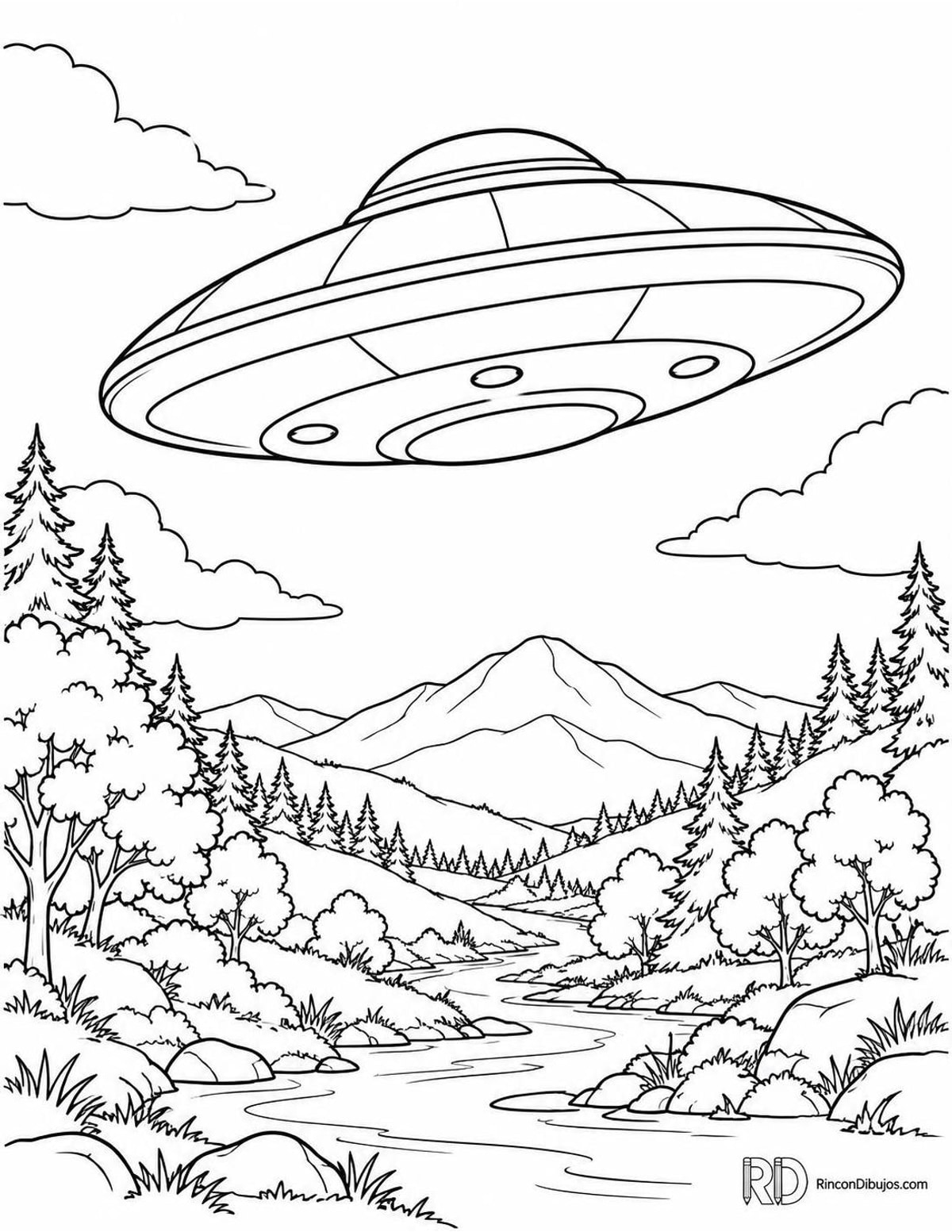 Dibujo de ovni sobre valle para colorear Dibujo de ovni sobre valle para colorear