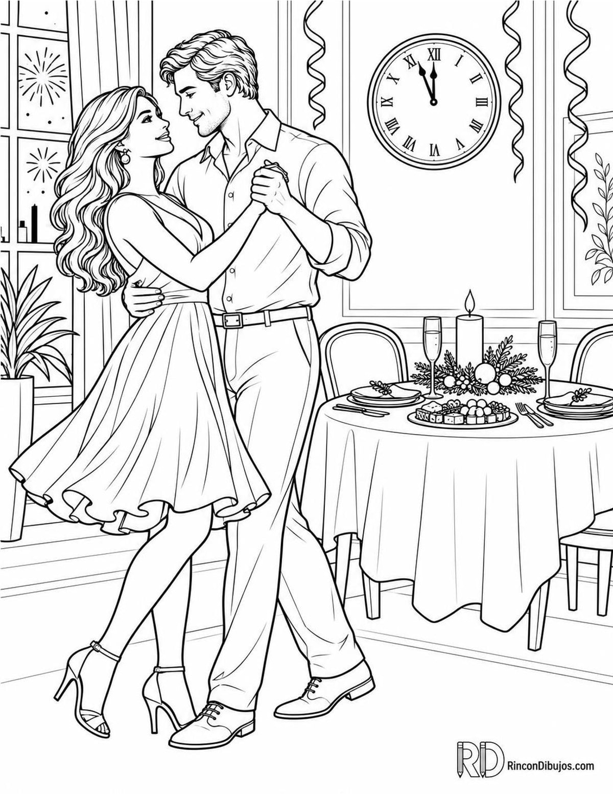 Dibujo de pareja bailando en Año Nuevo para colorear Dibujo de pareja bailando en Año Nuevo para colorear