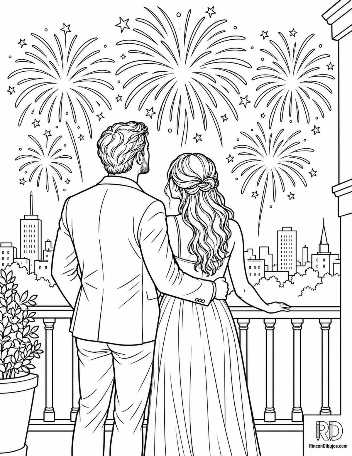 Dibujo de pareja con fuegos artificiales para colorear Dibujo de pareja con fuegos artificiales para colorear