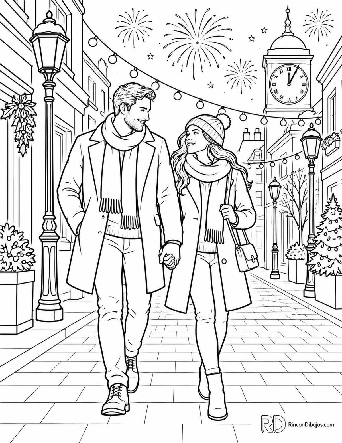 Dibujo de pareja paseando en Año Nuevo para colorear Dibujo de pareja paseando en Año Nuevo para colorear