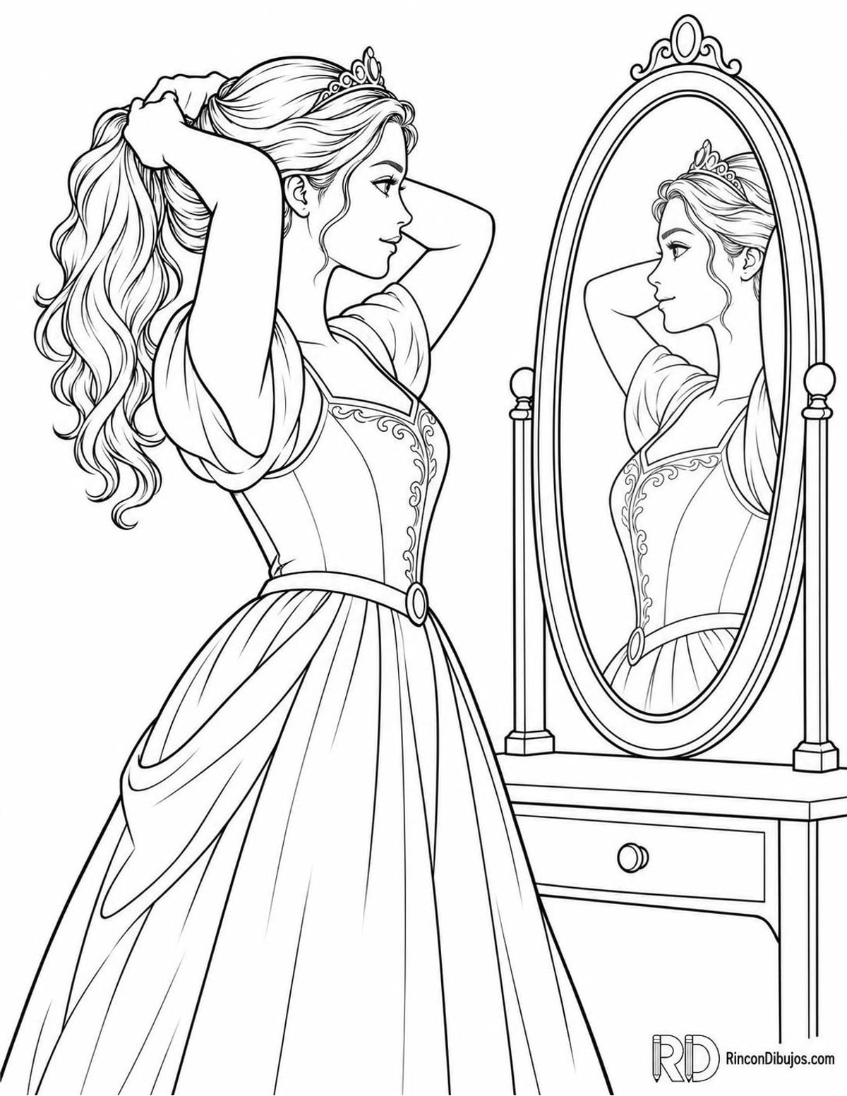 Dibujo de Princesas ante espejo para colorear Dibujo de Princesas ante espejo para colorear