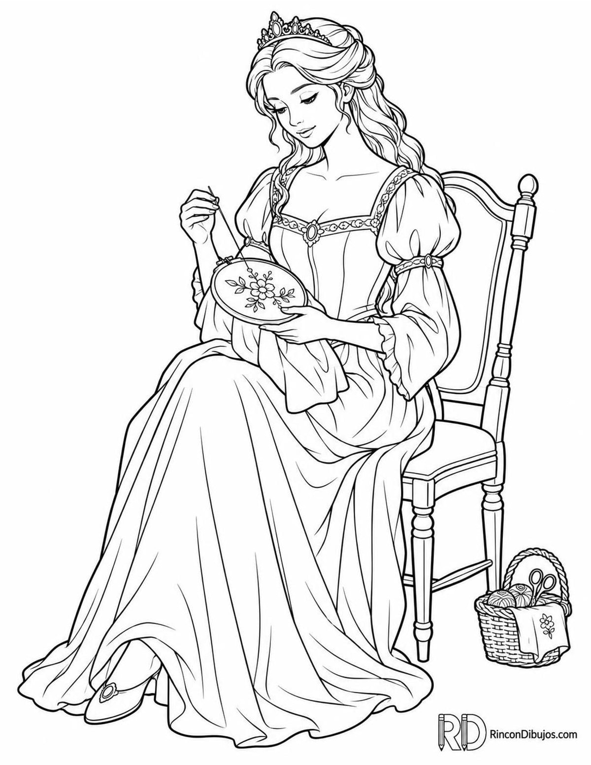 Dibujo de Princesas bordando para colorear Dibujo de Princesas bordando para colorear