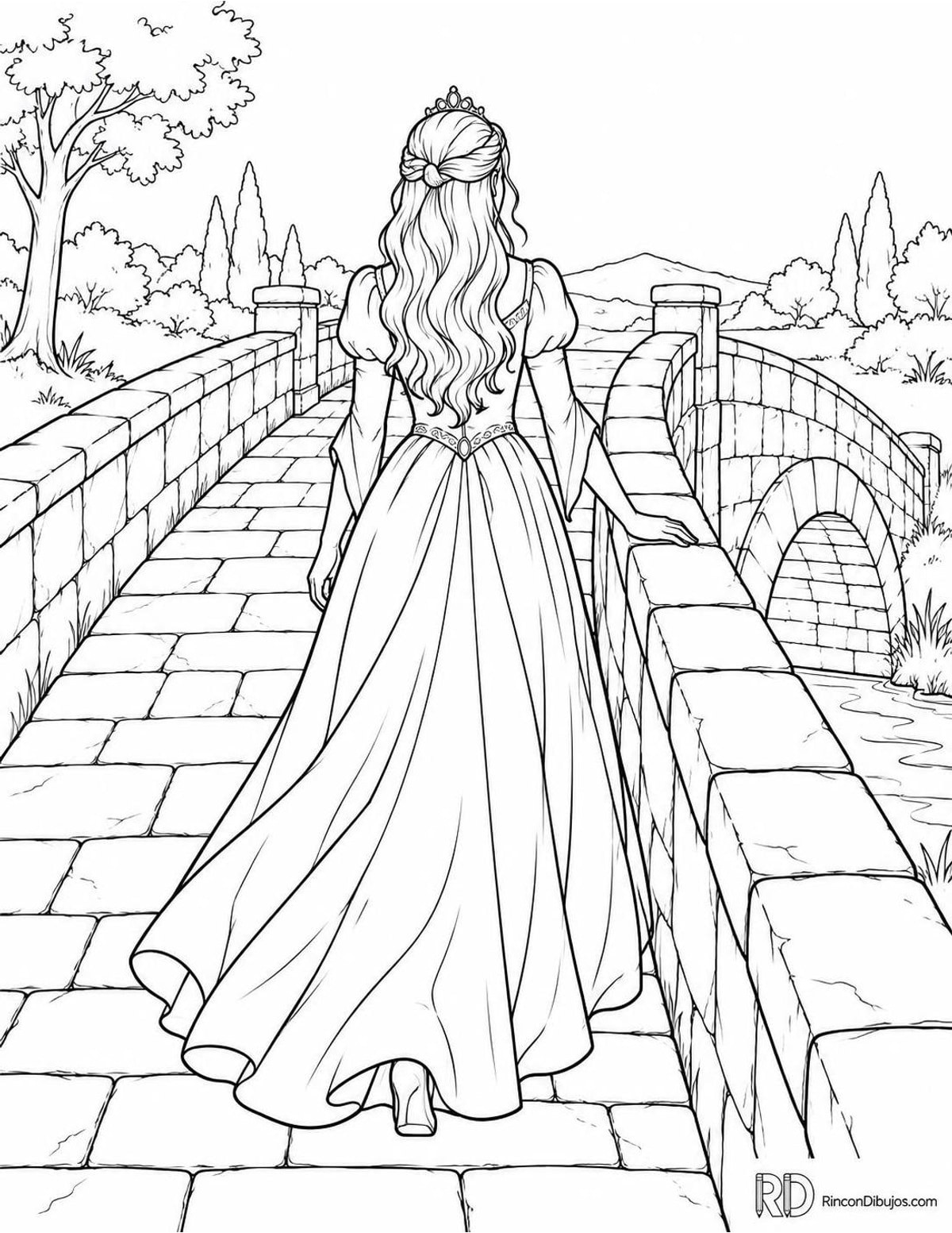 Dibujo de Princesas cruzando puente para colorear Dibujo de Princesas cruzando puente para colorear