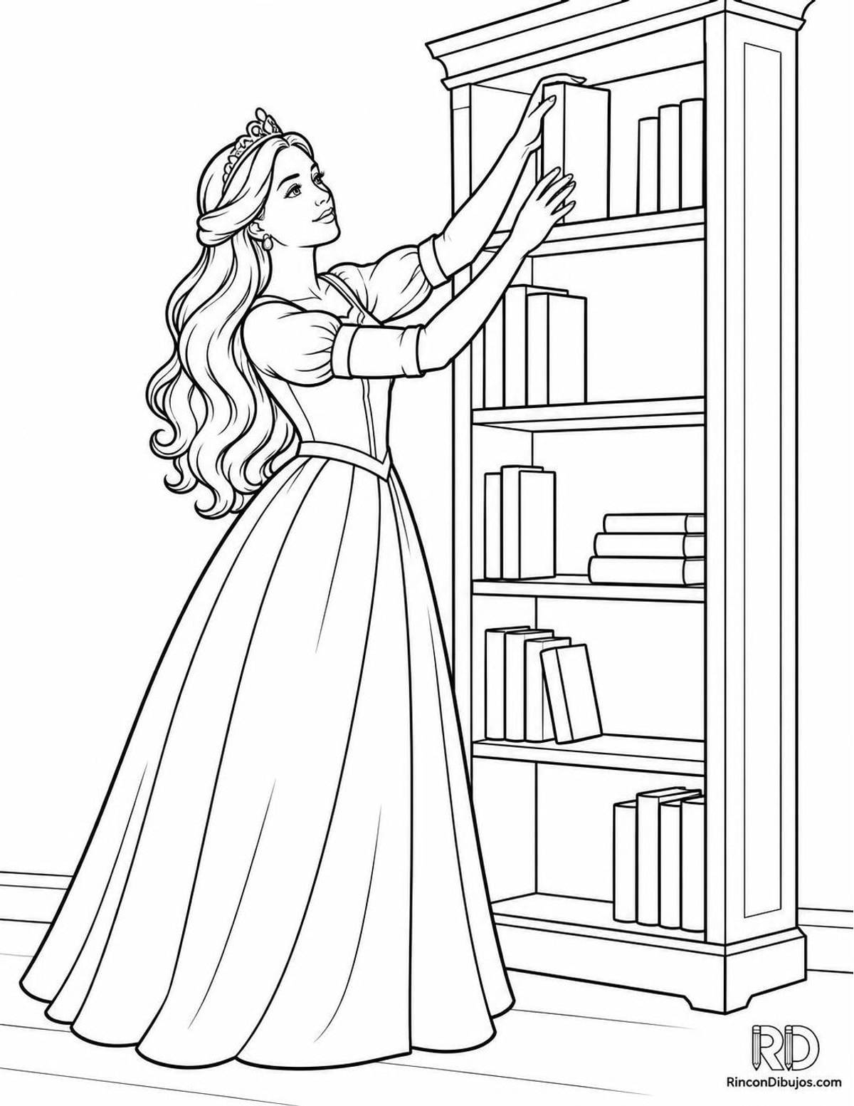 Dibujo de Princesas en biblioteca para colorear Dibujo de Princesas en biblioteca para colorear