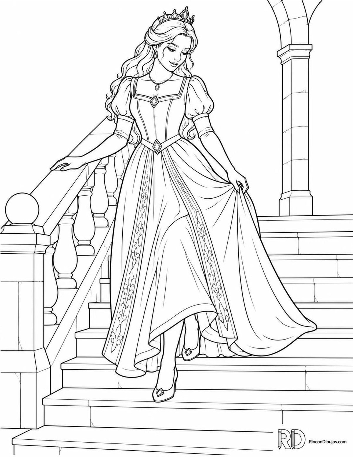 Dibujo de Princesas en escalera para colorear Dibujo de Princesas en escalera para colorear