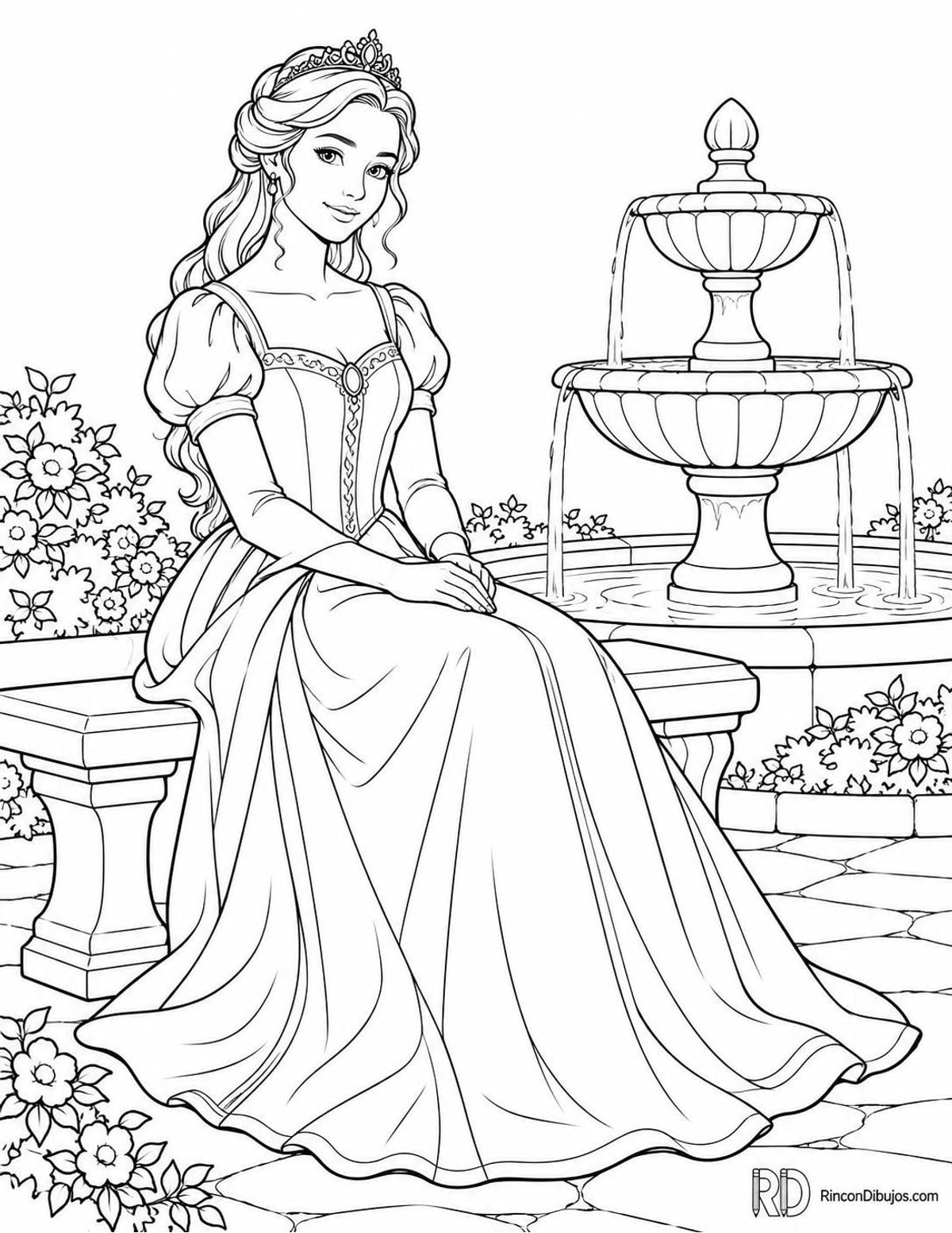 Dibujo de Princesas junto a fuente para colorear Dibujo de Princesas junto a fuente para colorear
