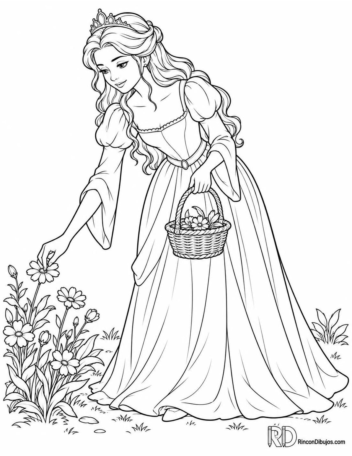 Dibujo de Princesas recogiendo flores para colorear Dibujo de Princesas recogiendo flores para colorear