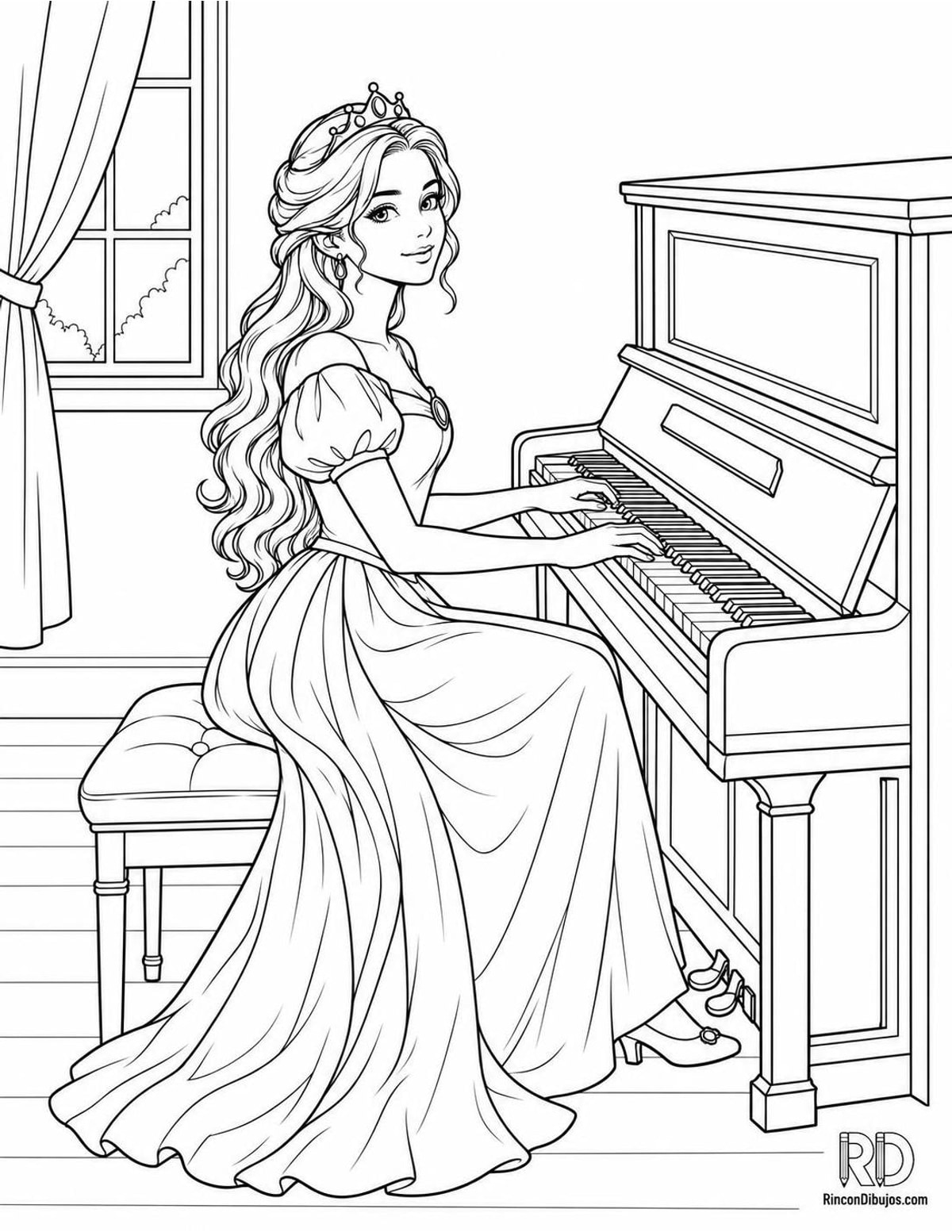 Dibujo de Princesas tocando piano para colorear Dibujo de Princesas tocando piano para colorear