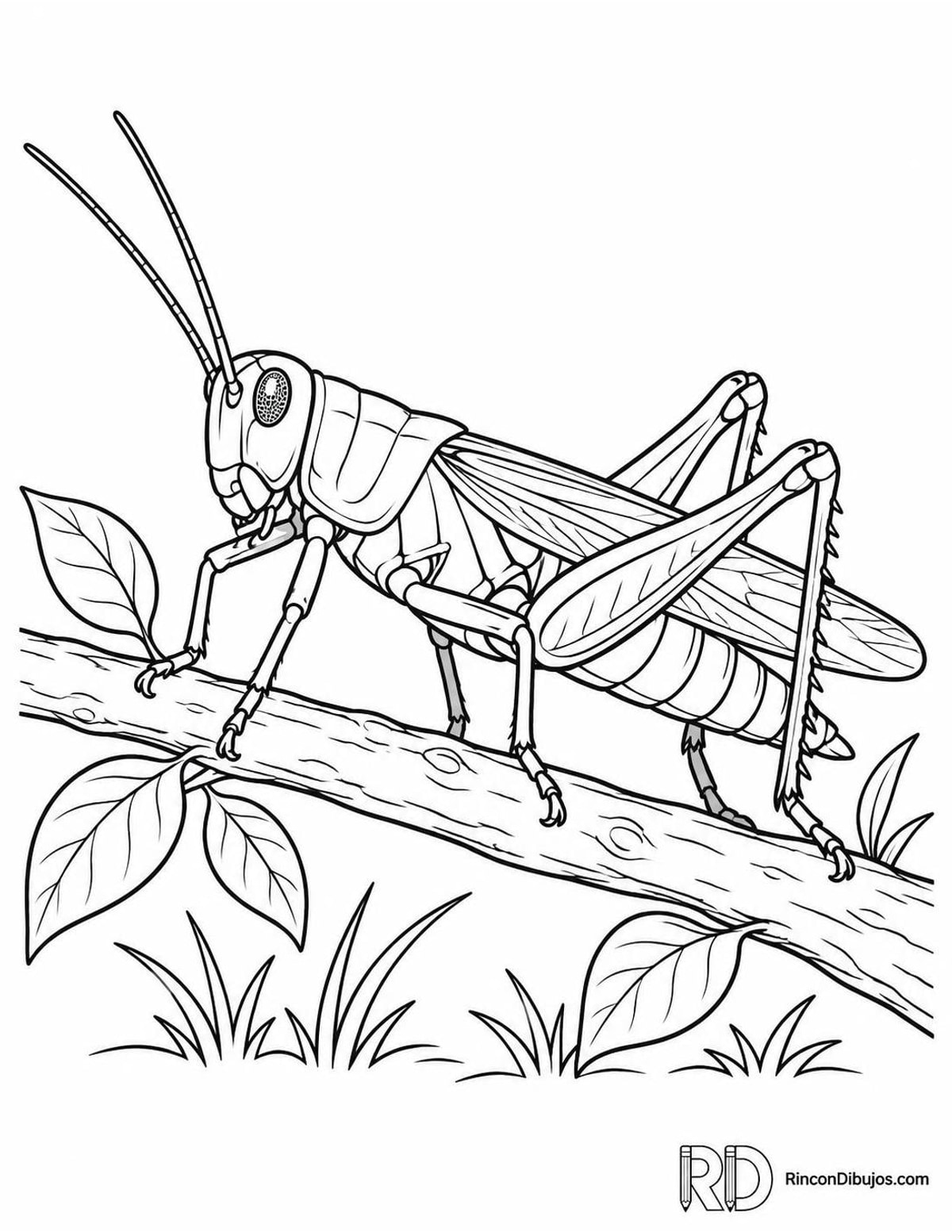Dibujo de saltamontes en rama para colorear Dibujo de saltamontes en rama para colorear