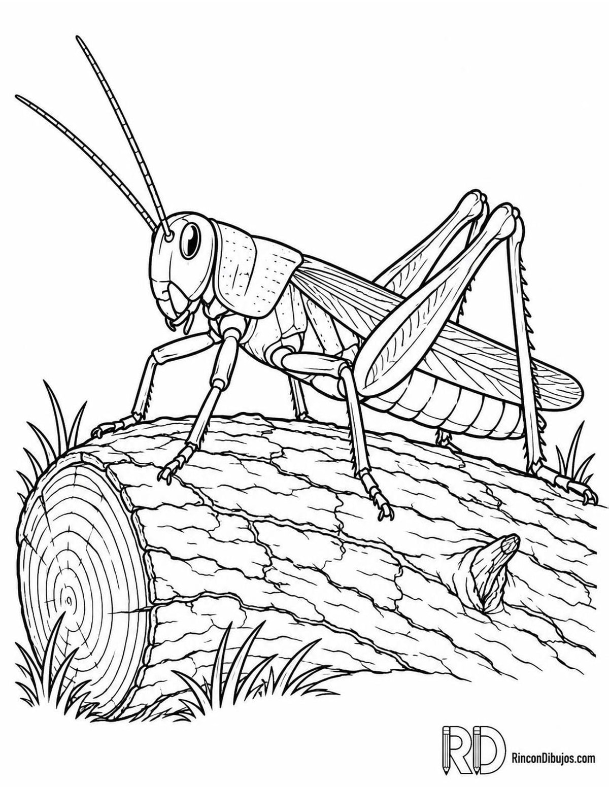 Dibujo de saltamontes en tronco para colorear Dibujo de saltamontes en tronco para colorear